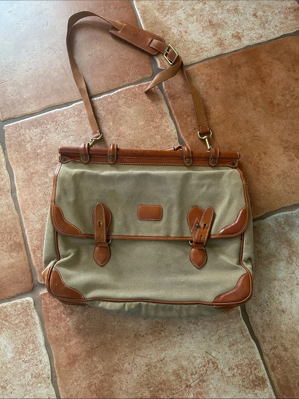 Canvas and Leather Satchel Shoulder Bag in Tan and Cream